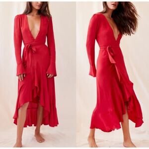 New Andjela Chole Red Wrap Dress XS Deep V Chic Vacation Romantic